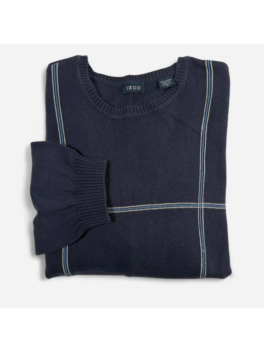 IZOD Crewneck Sweater Men’s XL Navy 100% Cotton Grid Stitch